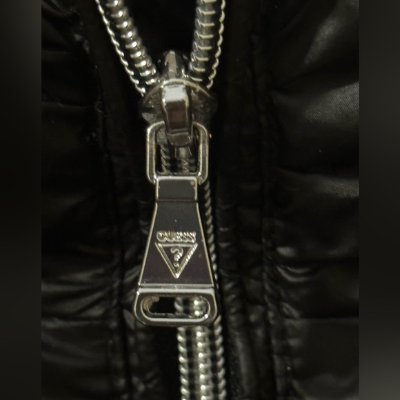 GUESS Black Shiny Puffer With Faux Fur Hoodie Ladies Size XL - Picture 7 of 12